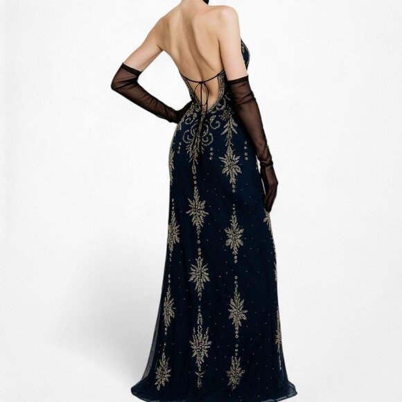 Vintage Y2K Black Navy Silk Beaded Halter Bodycon Maxi Prom Dress Size M - Picture 3 of 8